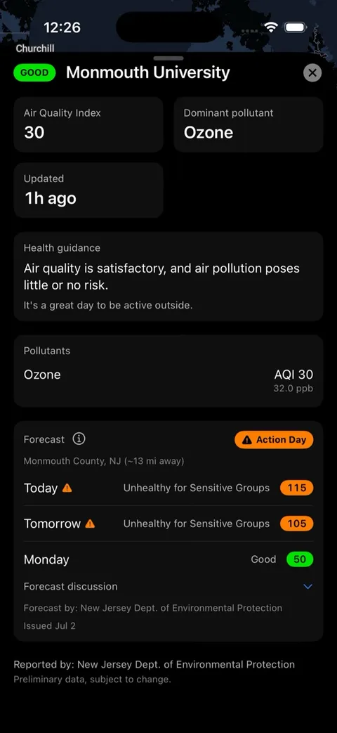 Air quality index map and forecast