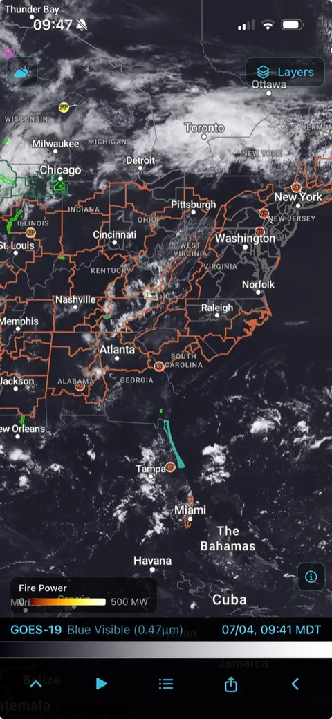 GOES satellite imagery with fire detection overlay