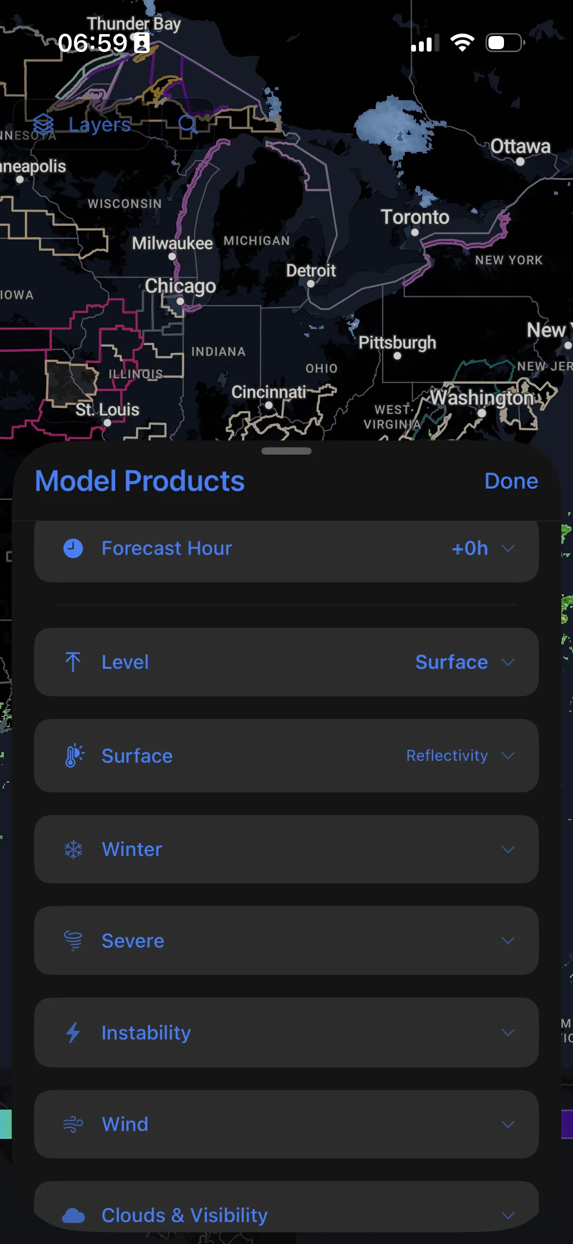 Weather model products selection