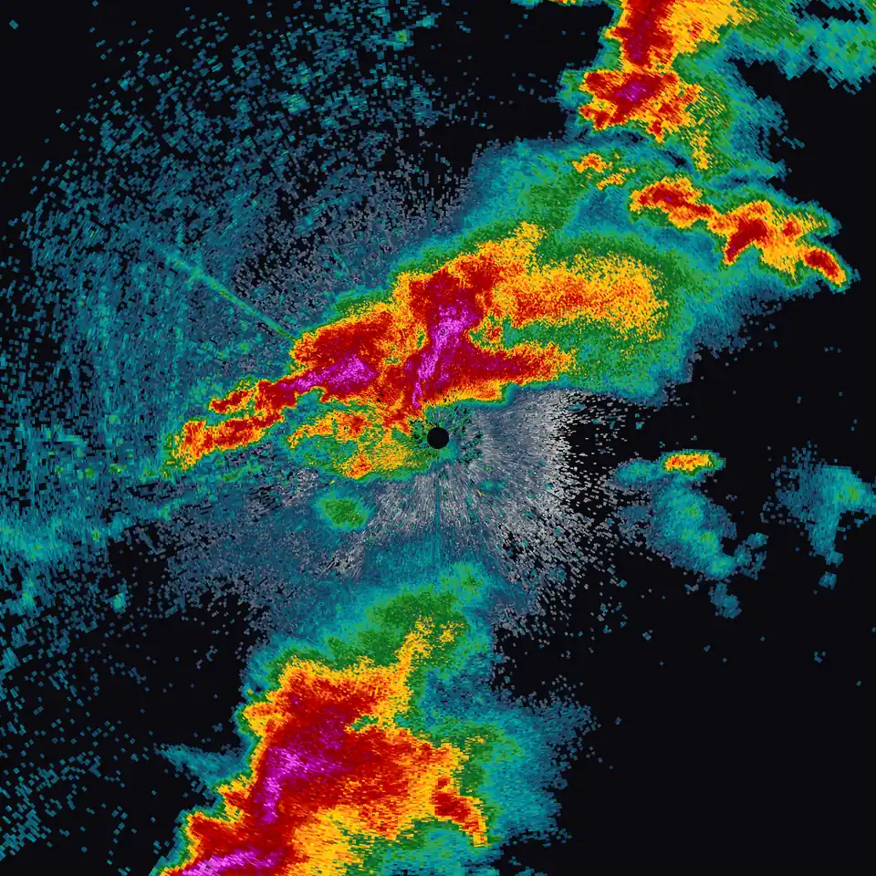 NEXRAD reflectivity of the May 20, 2013 Moore, Oklahoma supercell through its full life cycle, from first echoes to the tornado lifting